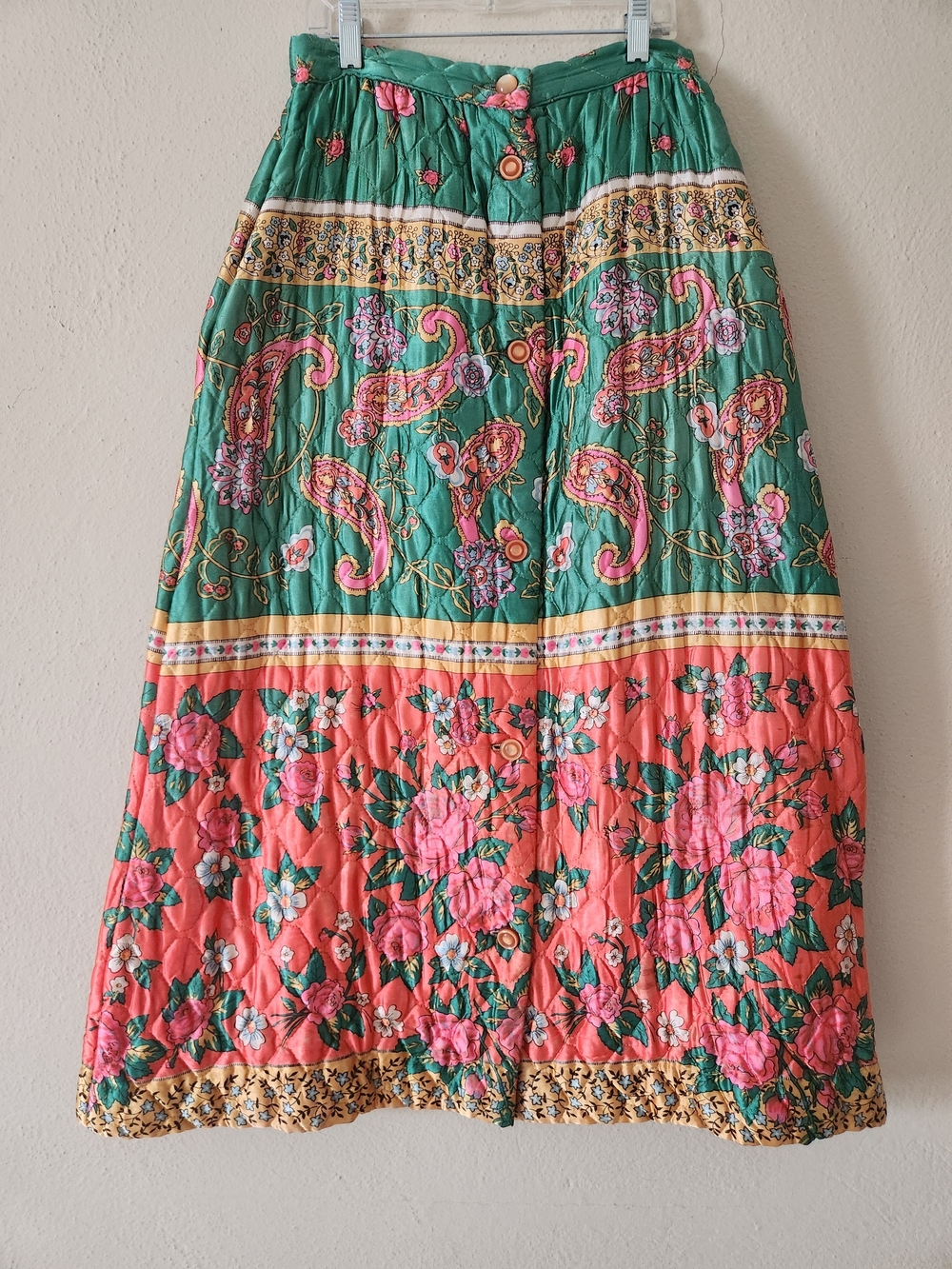 VTG 60s 70s Handmade Boho Quilted Hostess Maxi Skirt Paisley Pockets Waist 28